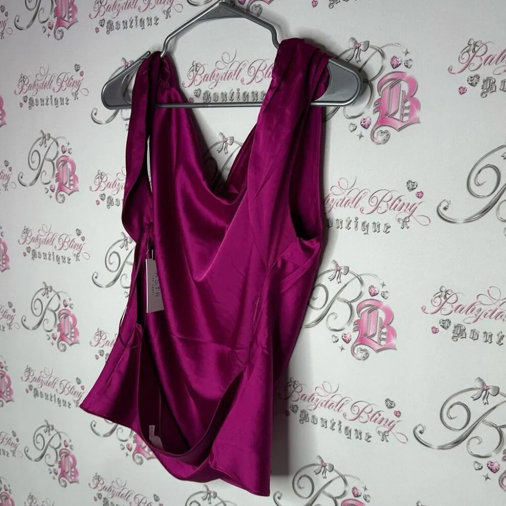 ASTR the label Shiny Cowl Neck Top in Fuchsia draping blouse sexy pink